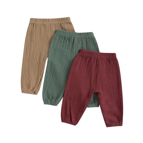 3-teilige Hose für Babys, Mädchen, Jungen, einfarbig, elastische Taille, Frühling, Herbst, lässig, weich, für Kleinkinder, Uni, für den Sommer, Kaffee, Khaki-Grün, 12-24 Monate