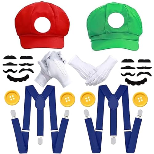 Ligtmor Mario/Luigi Bros Chapeau Costume deguisement mario et luigi Mario Bretelles Gants Mustaches Boutons Costume Halloween/Carnaval/Cosplay pour Enfant Homme Femme