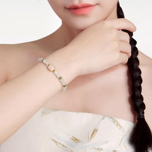 24K Solid Gold Green Jade Bamboo Bracelet, Pure Gold Elastic Green Jade Bead Bracelet, Stretchable Real Gold Green Jade Bead Bracelet for Women Girlfriend Y19124054