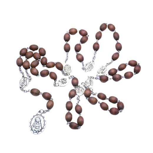 CACALOSS Colar Terço Amargo das Sete Dores de Maria com contas de madeira coloridas de café com contas de cruz, 27.95-31.50, Liga de aço, Sem Pedra Preciosa