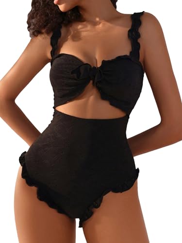 Verdusa Women's Cut Out One Piece Swimsuit Frill Trim Tummy Control Bathing Suit