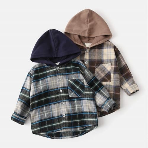 Toddler Shacket Plaid Flannel Hooded Shirts Boys Girls Long Sleeve Button Jacket with Pocket Fall Winter Vintage Trendy Coat2