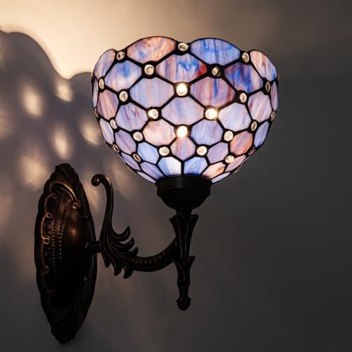 Image of Tiffany Wall Sconce Hand-Weld Stained Glass Bedside Lamp with Classic 8 Inches Lampshade for Bedroom Hallway Living Room Home Office (Blue Purple)