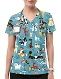 Tisfeer Vet Tops for Women V Neck Short Sleeve Scrub Shirts Soft Knit Stretchy Nurse Uniform with 3 Pockets (Blue-Puppy, S)