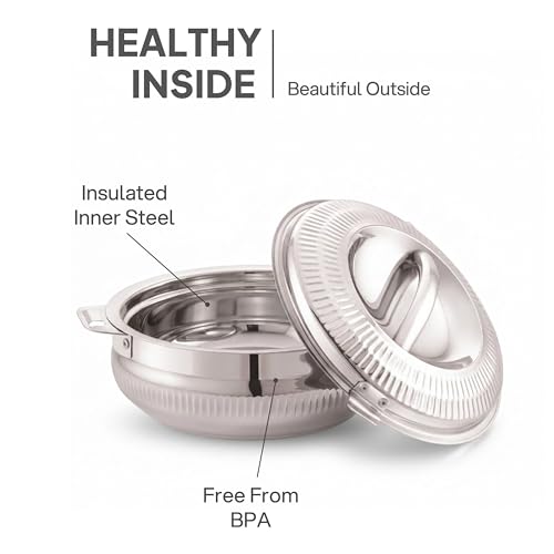 Image of CELLO Aroma 2000 Insulated Stainless Steel Casserole Hot Pot Box for Daily Use 2000 ml Silver | Keeps Food Hot & Warms for Long Hours, Food Grade Double Wall PU Insulated Roti Rice Hot Pot Casserole