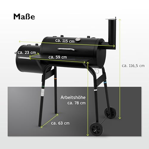 Foto von tepro BBQ Smoker Grill Wichita, mit 2 Grillkammern, Rädern und Thermometer im Deckel, Maße ca. 112 x 63 x 116,5 cm, Schwarz