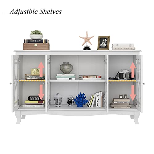 Ecacad Sideboard Buffet Cabinet With 6 Storage Compartments & 4 Carved Glass Doors, Kitchen Console Table Storage Cabinet Coffee Bar Accent Cabinet For Living Room, Hallway, White #TOP4