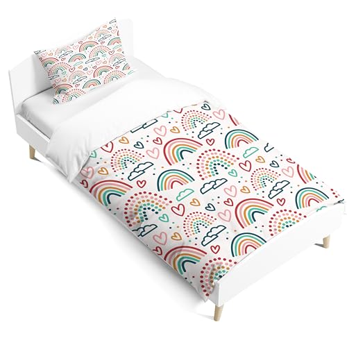 Housse de couette enfant fille arc-en-ciel, taie d'oreiller 65x65 cm, housse de couette 140x200 cm, nuages ​​en style dessin animé, parure de lit avec...