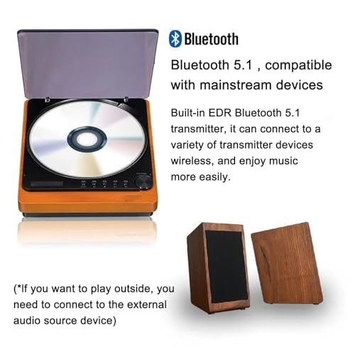 Lettore CD portatile con Bluetooth 5.0, riproduzione senza perdite USB, display LCD, telecomando, uscita ottica per l'intrattenimento domestico e stile vintage