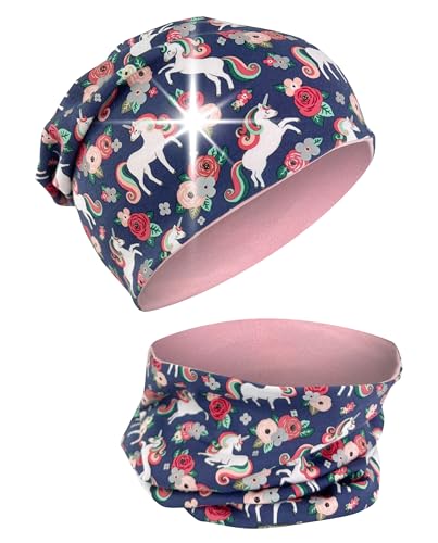 HECKBO Einhorn Beanie Kinder Mütze & Schlauchschal – 360° Reflektor – 2–8 Jahre – Mütze Jungen – Geeignet für Spaziergänge, Freizeit & Übergangszeit (48–54 cm)