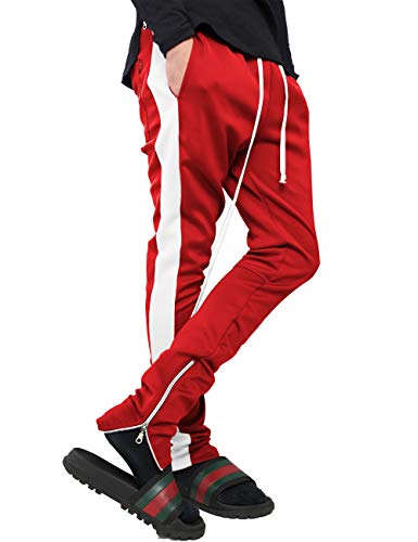Mens Stripe Track Pants Skinny Fit Stretch Trouser Elastic Jogger 1VWA0006 (X-Large, p122_Red/WHI)