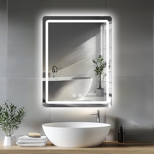 JAMUBOCHE LED Bathroom Mirror For Over Sink 70 x 50cm Electric Vanity Mirror With Backlit Lights For Shower Shaving Fogless Wall Mounted Dimmable 3 Color Lighting IP54 Vertically Only