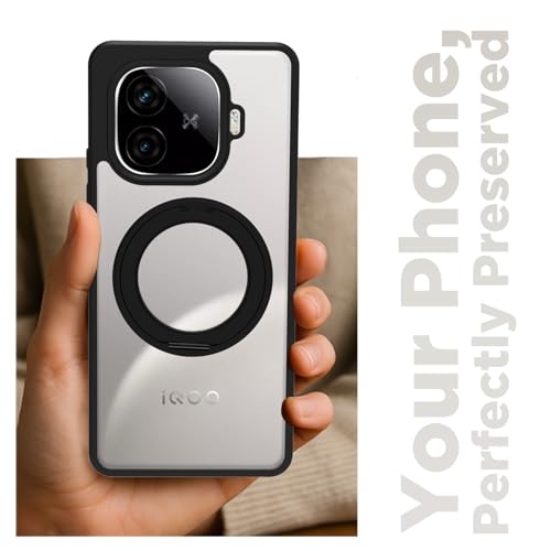 Image of RIGGEAR Shockproof Sleek Hybrid Armor 360 Rotating Magnetic Ring Stand Back Cover Case Compatible with MagSafe Accessories for iQOO Neo 10r 5G (Clear PC + Black TPU Bumper)