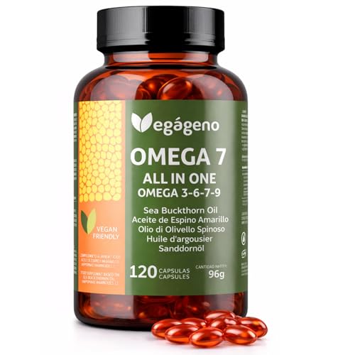 OMEGA 7 ALL IN ONE - Aceite de Espino Amarillo, Omega 3 6 7 9, Vitamina E Natural, 120 Cápsulas Veganas, No GMO, Sin Gluten, VEGAGENO