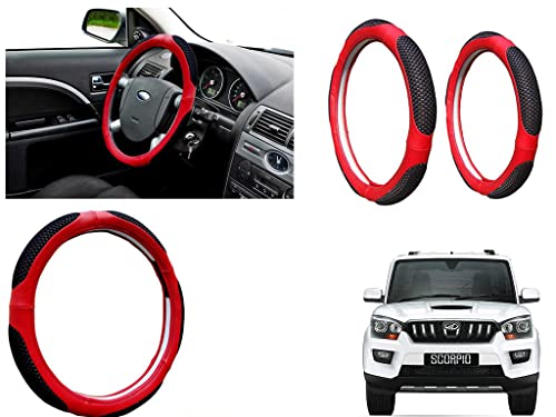 Image of Microfiber Car Steering Wheel Cover, Soft Padding Great Hand Feel, Anti-Slip, Faux Leather Steering Cover for Mahindra Scorpio New | Black Red Jali - Pack of 1