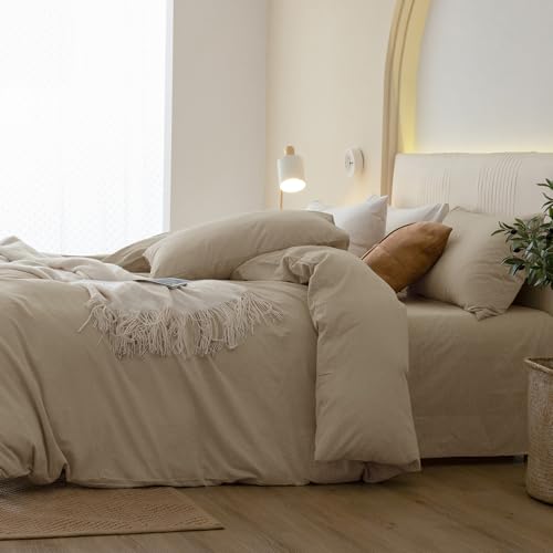 JIYUAN 100% Washed Cotton Duvet Cover Set 3 Pieces Queen, 1 Duvet Cover 90x90 Inches(Comforter Not Included) and 2 Pillowcases,Linen Feel Bedding Set Comfy and Breathable, Heathered Tan