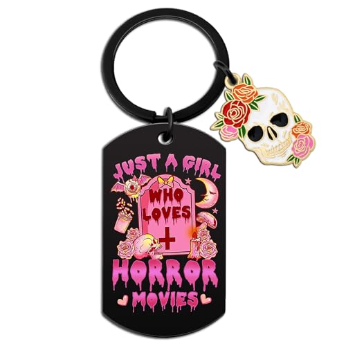 ICHRATI Horror Movie Gifts for Women Girls Day of The Dead Decorations Merch Fun Halloween Lover Skull Decor Spooky Basket Stuffers Just a Girl Who Loves Scary Movies Scream Merch Pink Keychain