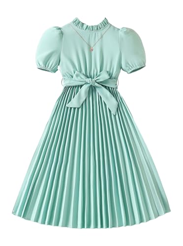 Hilinker Girls Short Sleeve Pleated Dresses Summer Puff Sleeve A-Line Belted Frill Trim Dress
