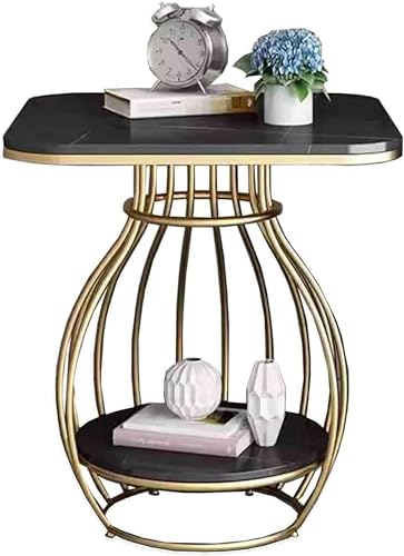 Image of Modern Side Table Corners Living Room Square Table Double Tier Sofa Side Table,Round Base Coffee Table,Portable Bedroom Nightstands Small Space (Black-Gold)