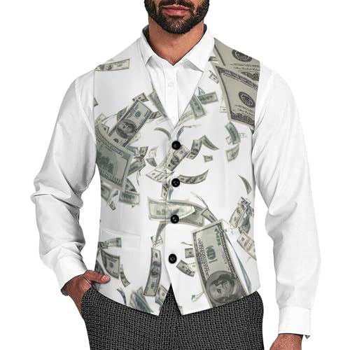 100 Dollar Flying Bills Men's Suit Vest Slim Fit V-Ncek Waistcoat Business Casual Vest