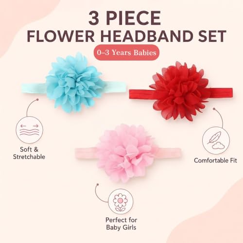 Image of Babymoon Set of 3 | Plain Flowers Soft Synthetic Hairbands for Baby Girls, Infants and Toddlers Headbands | Pink-Red-Yellow