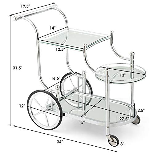 Tangkula Rolling Bar Cart, Metal Serving Cart With Tempered Glass, 3-Tier Glass Bar And Serving Cart, Tea Serving Bar Cart With 4 Wheels, Suitable For Restaurant, Hotel, Home (Silver) #TOP4