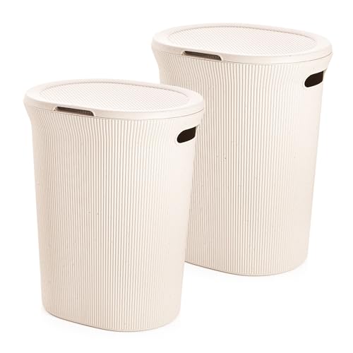 Image of Superio Ribbed Collection - Eco-Friendly Decorative Plastic Laundry Hamper with Lid and Cut-Out Handles, (2 Pack) Basket Organzier for Bedroom Bathroom College Dorm Room 40 Liter