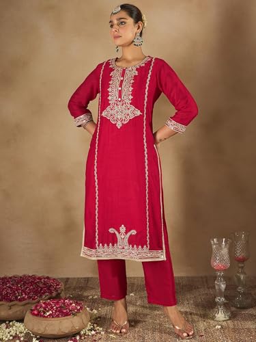 Image of INDO ERA Women's Silk Blend Kurta and Pant with Dupatta Set