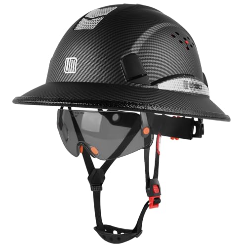 UM ULTRAMAXX Full Brim Hard Hat with Build-in Visor ANSI Z89.1 OSHA Approved Construction Safety Helmet with Chin Strap for Men Women (Matte Black Helmet+Tinted Visor)