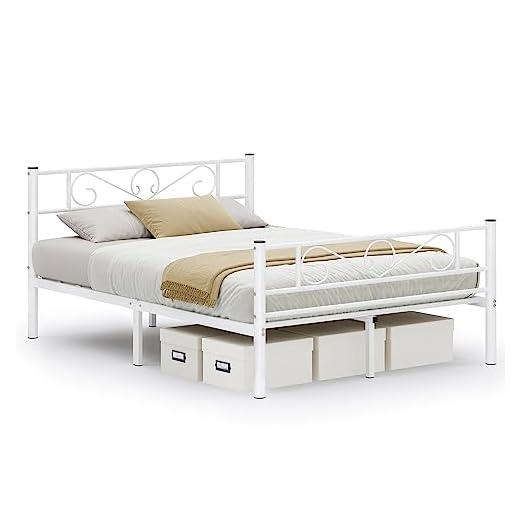 VASAGLE Lit 2 Personnes, Lit Double, en Métal, Convient pour Matelas de 140 x 190 cm, Montage Facile, pour Petits Espaces, Chambre d’Amis, Chambre Ado, Blanc RMB063W01