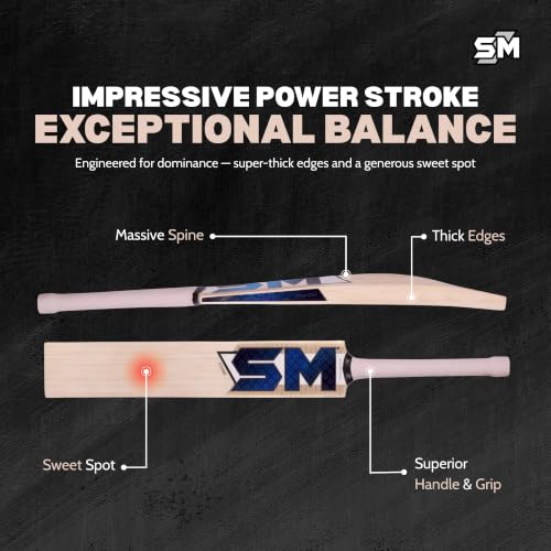 Image of SM Core Kashmir Willow Cricket Bat | Wooden Cricket Bat | Massive Bat Profile | Thick Edges | Rebound Technology | Superlight Pickup | Club & Academy Cricket Bat | Size SH