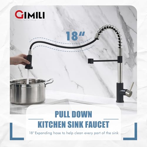 Image of GIMILI Kitchen Faucet with Pull Down Sprayer Single Hole Stainless Steel Sink Faucet, Suitable for Farmhouses, RV, Laundry Room, Outdoor, and Campers. Llave para fregadero de cocina Nickel and Black