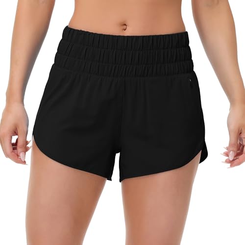 MCEDAR Pantalones cortos de correr de cintura alta para mujer, forro de malla elástica, delfín, atletismo, gimnasio, entrenamiento, con bolsillo con cremallera, Negro -, S