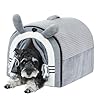 Jiupety Cute Small Dog Cave Bed with Door Curtain Design, Dog House with Reversible Washable Cushion, L Size Portable Puppy House, Cartoon Style Hut Up to 25lbs, Non-Slip Bottom, Grey