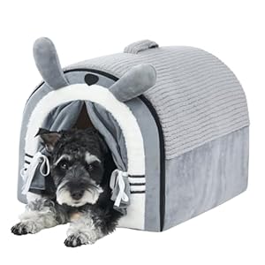 Jiupety Cute Small Dog Cave Bed with Door Curtain Design, Dog House with Reversible Washable Cushion, L Size Portable Puppy House, Cartoon Style Hut Up to 25lbs, Non-Slip Bottom, Grey