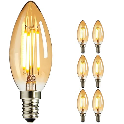 NUODIFAN LED Edison Glühbirne E14, 6x Vintage Kleine LED Kerze Birne Antike Lampe (Warmweiß 4W 2700K Amber Glas) Dekorative Retro Glühbirne Ideal für Kronleuchter Hänge Kristalllampe