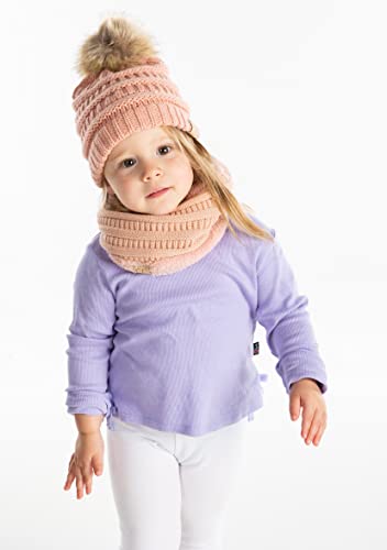 Image of Funky Junque Kids Winter Fleece Lined Neck Warmer Ribbed Knit Pom Pom Winter Beanie Bundle Cold Weather Gaiter Toddler