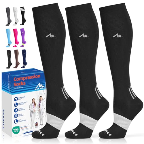 NEWZILL Medical Compression Socks for Women & Men, 20-30 mmHg Knee-High Support for Circulation, All-Day Comfort for Work Travel Running Cycling and Fitness 3-Pairs Black XS