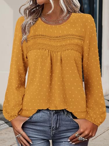 BETTE BOUTIK Womens Boho Fall Long Sleeve Shirts Crewneck Dressy Casual Blouses Trendy Flowy Tops