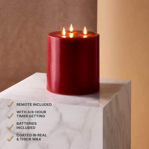 3 Wick Red Flameless Candle - 6X6 Extra Large Pillar Candle, Realistic 3D Flickering Flames With Wicks, Battery Operated, Burgundy Real Wax, Valentines Day Decor, Remote Control With Timer Included #TOP3
