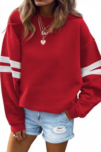 Deer Lady Striped Oversized Sweatshirt for Women Pullover Long Sleeve Sweatshirt Crewneck Sweat Tops 2026 Fall Fashion Outfit Red L