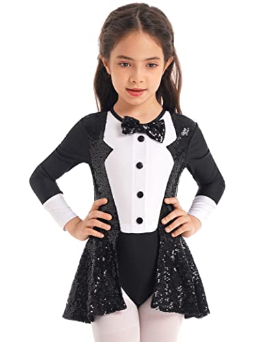 Daenrui Kids Girls Shiny Sequins Bow Tie Dance Leotard Tutu Skirts Ballet Modern Jazz Latin Dance Dress Black 12 Years