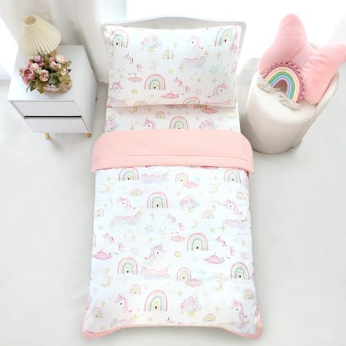 Image of Pea Pod Muslin Toddler Bedding Set 3-Piece - Soft Breathable Crib Bedding with Fitted Sheet, Quilt & Pillowcase for Infant & Kids Bed | Machine Washable Nursery Bed Set, Unicorn Rainbow