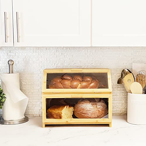 Goodscious Extra Large Farmhouse Bread Box For Kitchen Countertop, Bamboo 2 Layer Bread Box, Bread Holder For Kitchen Counter, Homemade Bread Storage Box With Clear Windows & Humidity Meter #TOP5