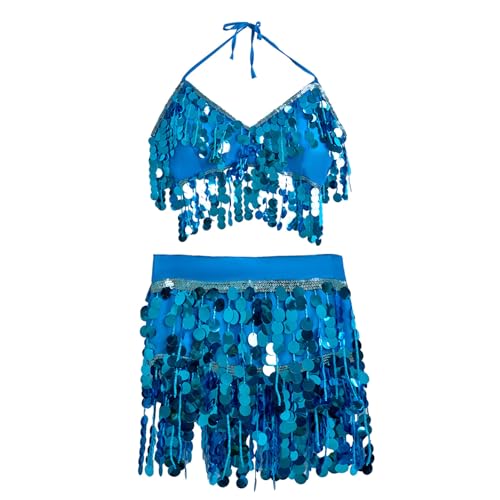 Costume de danseuse du ventre bleu à franges mobiles et paillettes pour valoriser le déhanché