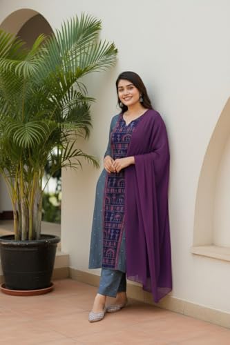Image of ANNI Designer Women's Rayon Viscose Printed Straight Kurta with Pant and Dupatta | Stylish Ethnic Wear Set for Women | Casual, Festive & Office Wear Kurti Set