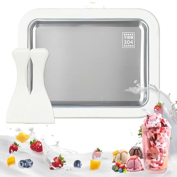 Płyta do robienia lodów, w zestawie z 2 szpatułkami Ice Cream Machine, Ice Rolls Maszyna, Maszyna do rolek lodowych ze stali nierdzewnej (White, 1)