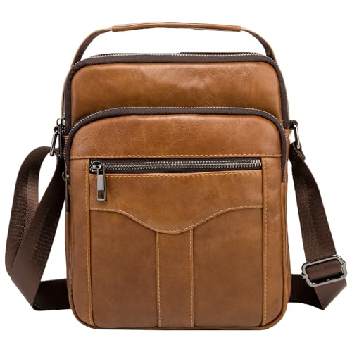MANNUOSI Uomo Borse a spalla Zaino monospalla casual Borse a mano viaggio Vera pelle multitasche Borse organizer portatutto Marrone A