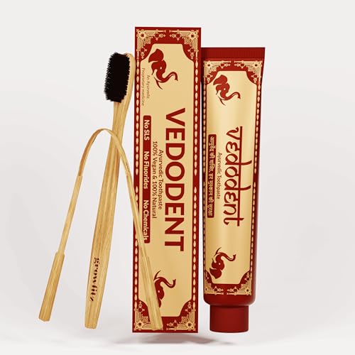 Image of Growfitz Vedodent Herbal Ayurvedic Red Toothpaste 100g, Toothbrush, Tongue Cleaner Combo Set | Teeth Whitening, No Artificial Colors | Goodness Of 21 Ayurvedic Herbs | Fresh Breath (Pack of 1)
