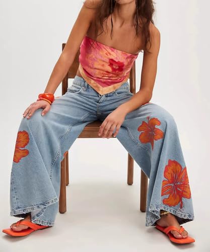 Women's Vintage High Waisted Wide Leg Jeans Baggy Washed Printed Denim Jeans3